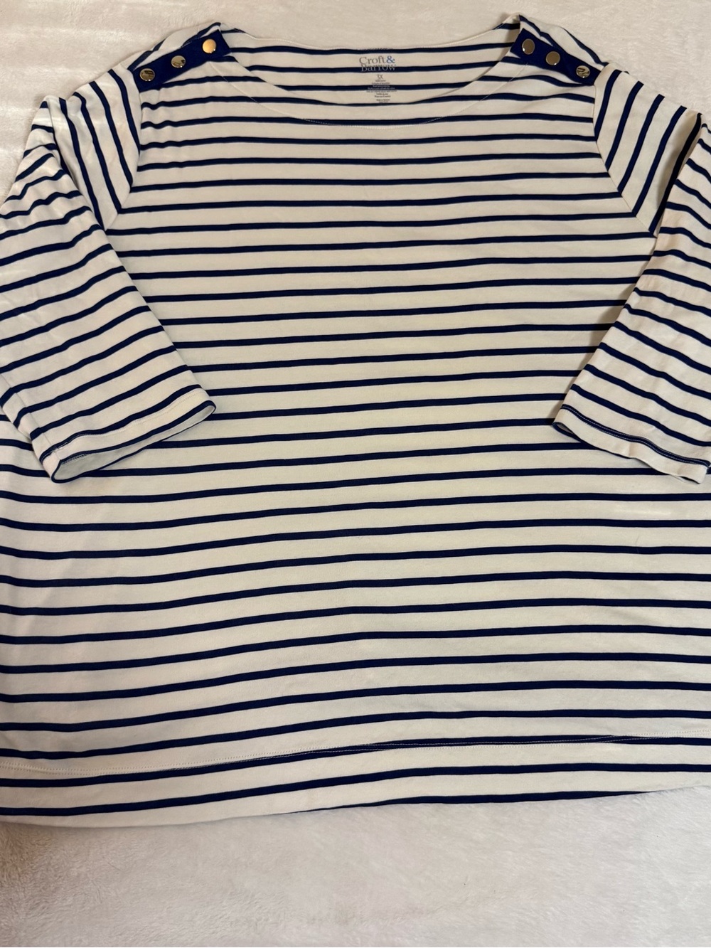 Croft & Barrow Navy Stripe Boatneck Top with Shoulder Buttons - White/Navy